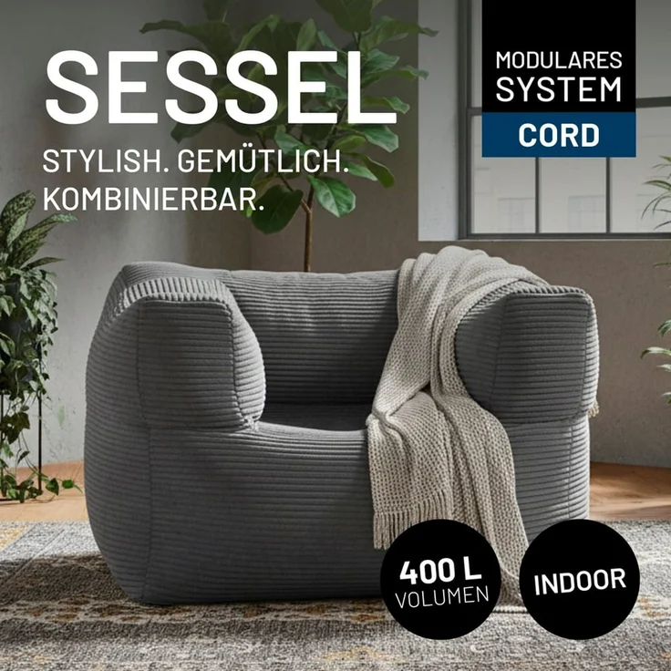 Lumaland Modular Sessel - Cord-Reihe | Indoor Sitzsack mit Softer Struktur, ideal Modulen | Bean Bag für Wohnzimmer & Co. - 96 x 72 x 70 cm – Bild 3