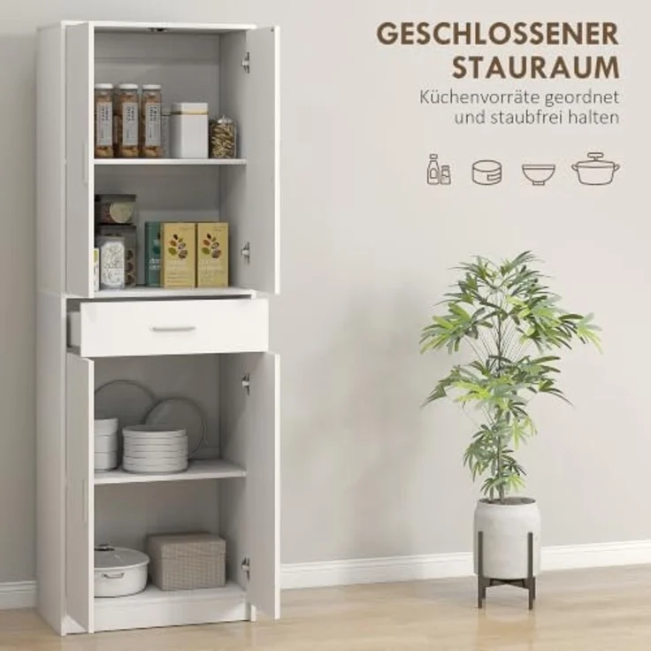 HOMCOM Küchenbuffet Hochschrank Vorratsschrank Einlegeböden Skandinavisches Design (freistehender Küchenschrank mit Schublade, 1-St, Vitrinenschrank mit verstellbaren Regalen) 60 x 35 x 180 cm, Weiß – Bild 4