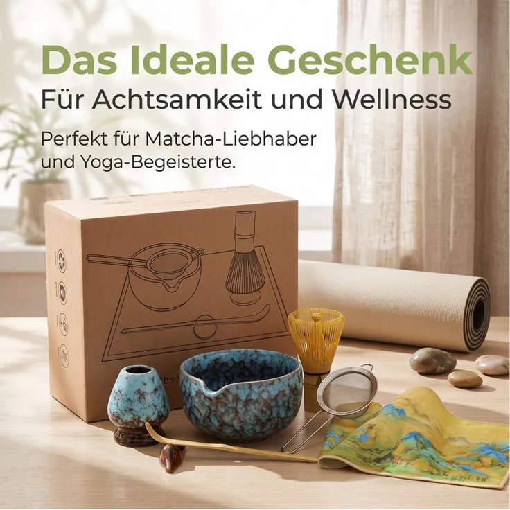 SURFOU Teeservice Matcha Set 7-teilig mit Schale Bambusbesen Sieb Zubehör (7-tlg)