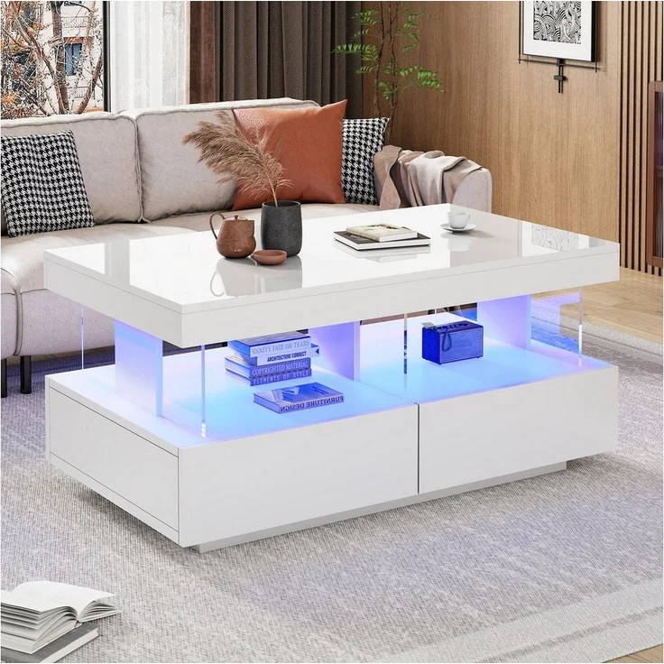 BlingBin Couchtisch Sofatisch Mit LED-Beleuchtung, Teetisch Kaffeetisch (Couchtisch, 1-St, 100 x 60 x 49.5cm Beistelltisch, Tisch, Mit zwei Schubladen), Wohnzimmertisch,Langlebige, kratzfeste und glatte Tischplatte – Bild 5