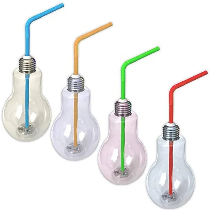 HAC24 Tischleuchte 4er Set LED RGB Trinkglas Glühbirne Partyglas Longdrinkgläser, Beleuchtet, 400 ml, mit Deckel und Strohhalm – Bild 1