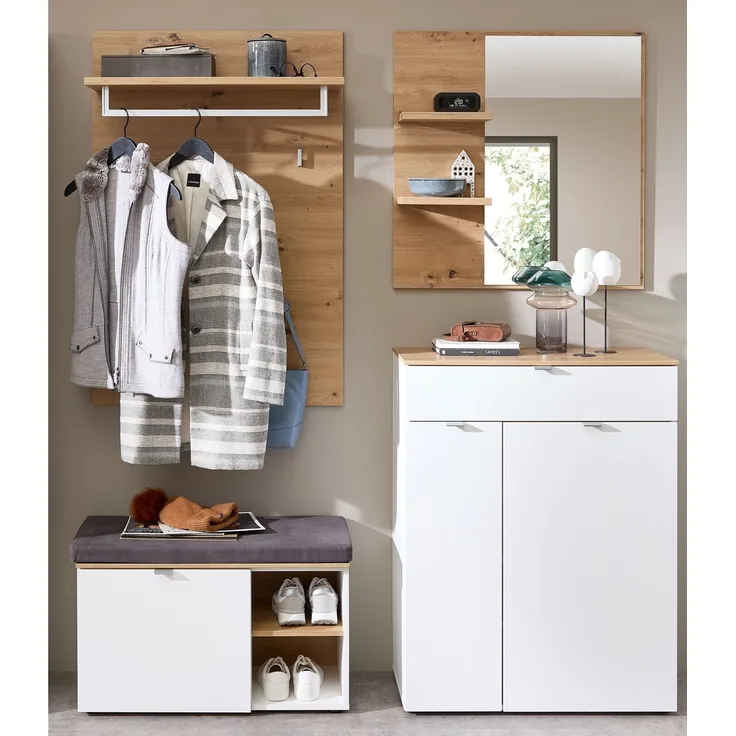 Garderoben-Set >Bari< (4-teilig) weiss matt / Eiche - 158x200x38cm (BxHxT)
