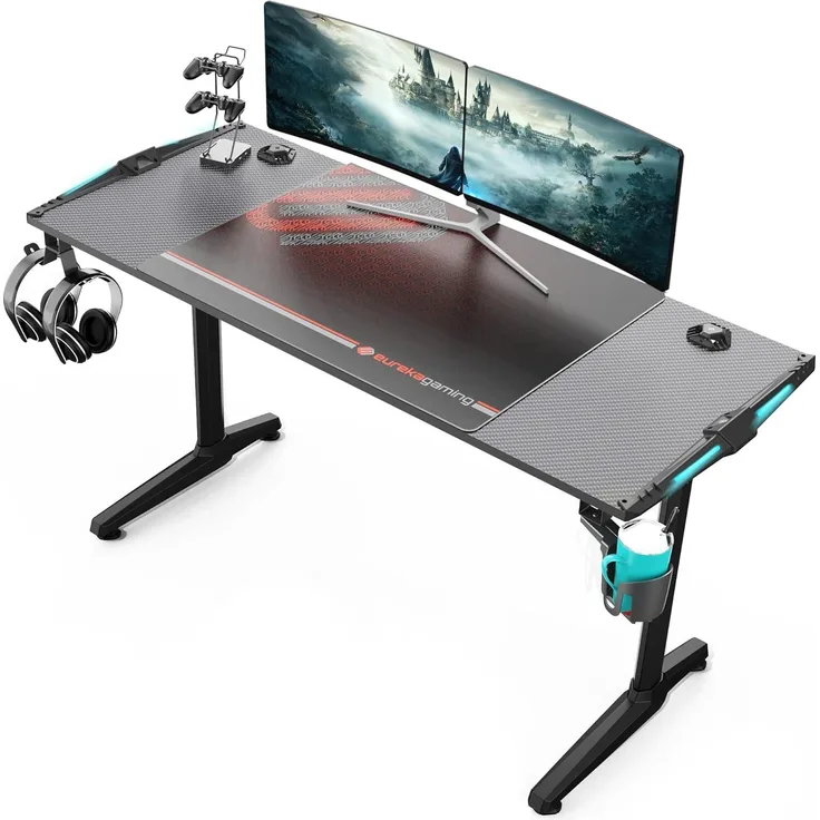 EUREKA ERGONOMIC Gaming Tisch Groß P55 Gamer Tisch mit RGB Beleuchtung Gaming Schreibtisch PC Schreibtisch mit Leistungsstarkes Kabelmanagement 148 * 60 cm Schwarz