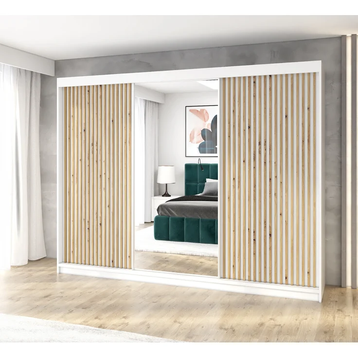 A&J MöbelLand Schwebetürenschrank FARA 200 cm, mit 4 Schubladen, Spiegel, 3D Lamellen – Bild 1