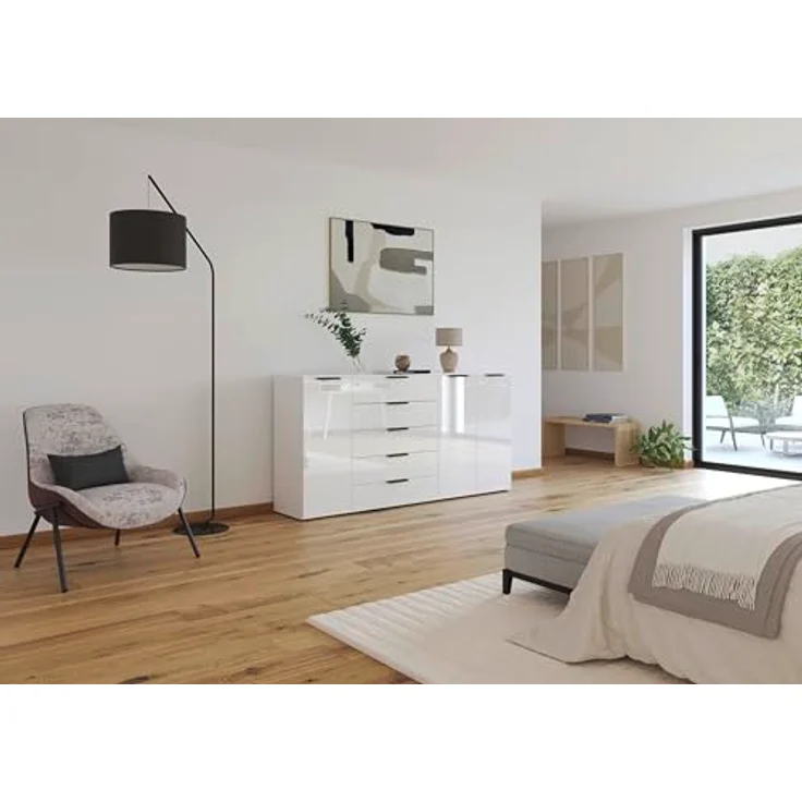 Rauch Möbel Flipp, Kombikommode, Kommode mit Stauraum für Wohnzimmer, Schlafzimmer, Flur, 4 Fachböden, Alpinweiß/Glasfront Weiß, 3-türig, Glastüren, 5 Schubkästen, Griffe graphit, 199 x 100 x 42 cm – Bild 3