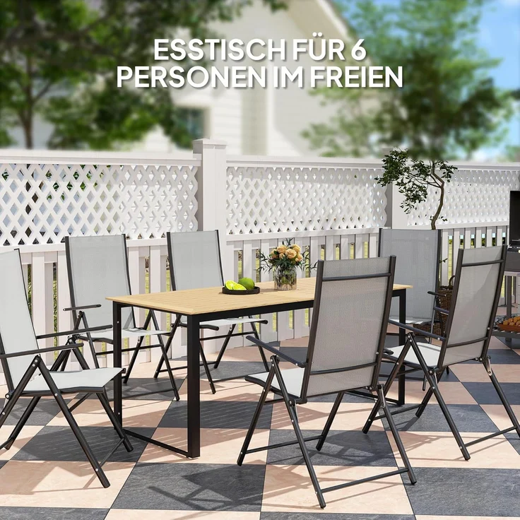 Outsunny Gartentisch mit Holzoptik, Lamellendesign, für 6 Personen (Buffettisch aus Metall, 1-St, wetterfest Balkontisch), 175x78 cm, für Garten, Terrasse Balkon Schwarz – Bild 4