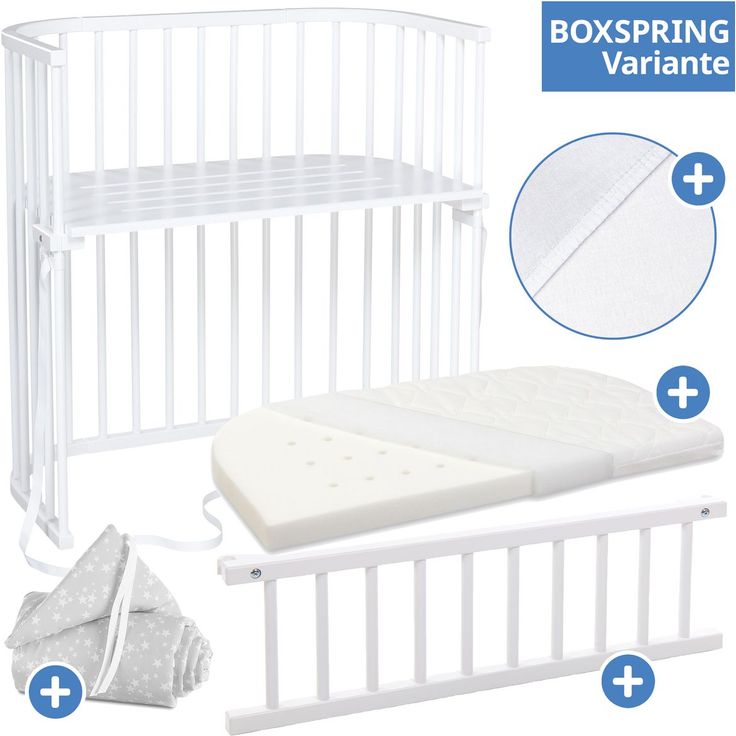 Babybay Beistellbett-Set Boxspring, 5-tlg. mit Matratze Classic Fresh, Nestchen Sterne Weiß/Perlgrau, Spannbetttuch Deluxe Weiß & Verschlussgitter - Weiß