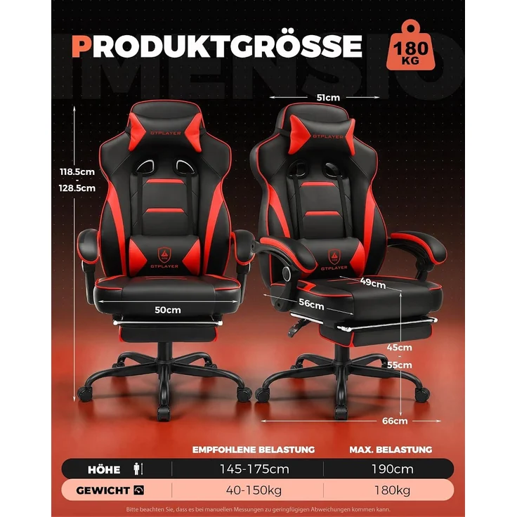 GTPLAYER Gaming Stuhl mit Fußstütze, Ergonomischer Bürostuhl 180kg, Schwerlast Gaming Sessel mit Lendenwirbelstütze und Kopfstütze, Höhenverstellbarer Computerstuhl, Gepolstert, neigbare 155°, ROT – Bild 3