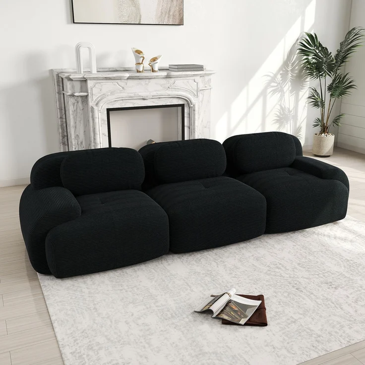 3-Sitzer-Sofa aus Premium-Cordstoff,modular kombinierbar rutschfest ohne Montage ergonomische Armlehnen und hochelastische Polsterung für Wohnzimmer und Schlafzimmer,Premium-Cordstoff,Black, – Bild 2