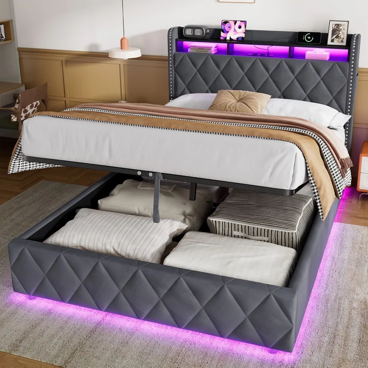 Polsterbett 140x200 cm mit Stauraum, LED und USB-Anschlüssen, Dunkelgrau – Ohne Matratze – Bild 5
