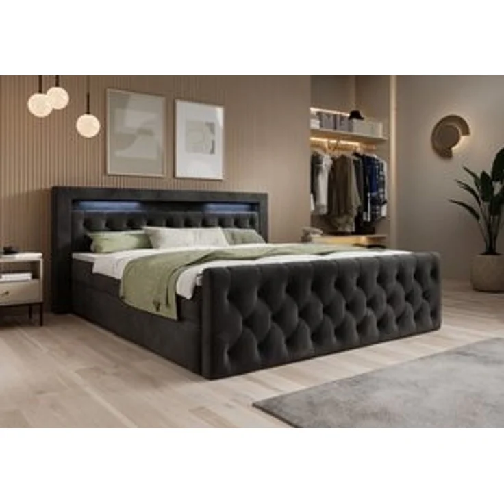 thematys Boxbett LED mit Bettkasten 160x200cm, mit Bonnellfederkernmatratze H3, Bouclé/Velours, mit Stauraum, mit 3 cm Topper, Grafit (Velutto 19), Art.-Nr. S04JN0YRA5N – Bild 7