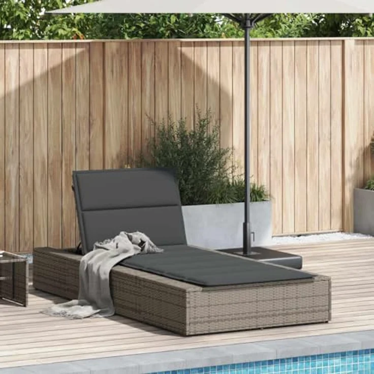 vidaXL Sonnenliege mit schwebender Auflage, Grau, aus Poly Rattan, verstellbare Rückenlehne, dick gepolstert – Bild 2