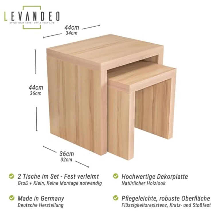 Levandeo® Couchtisch, 2 Satztisch Kernbuche Deutsche Herstellung Couchtisch fest – Bild 4
