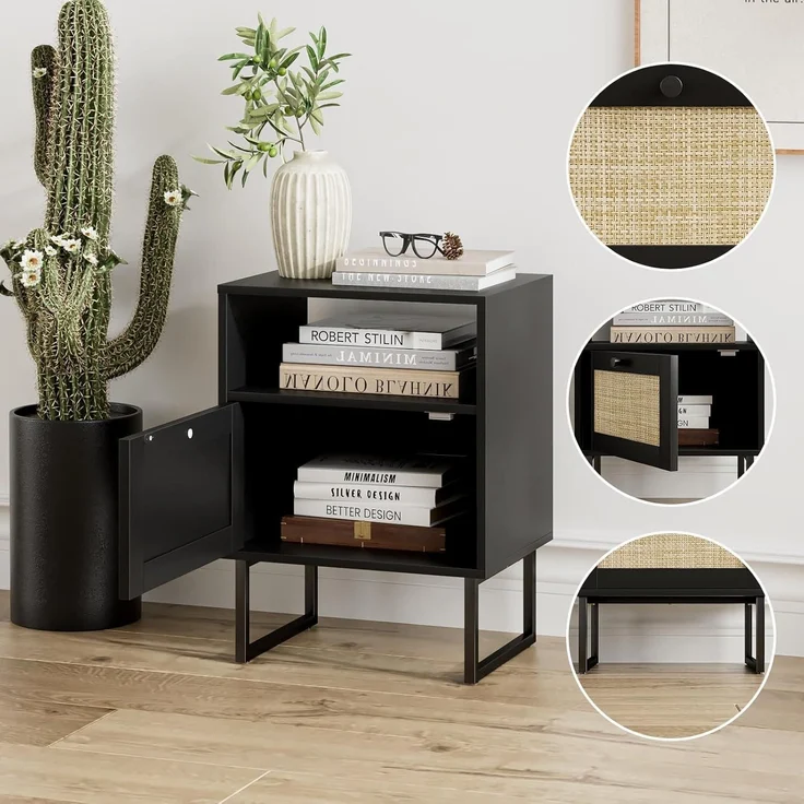 Nachttisch Rattan Boho Bauernholz Schublade Regal Beistelltisch Schwarz – Bild 6