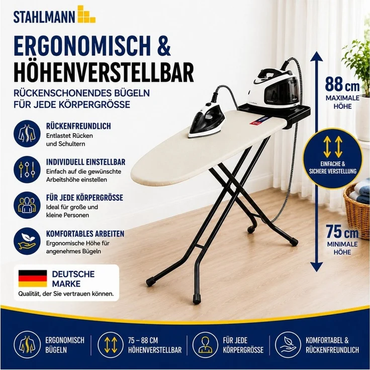 STAHLMANN Bügelbrett Granada [120 × 38 cm], TestCheck 1,1 SEHR GUT, Turbobezug, Bügelfläche 120x38 cm – Bild 4