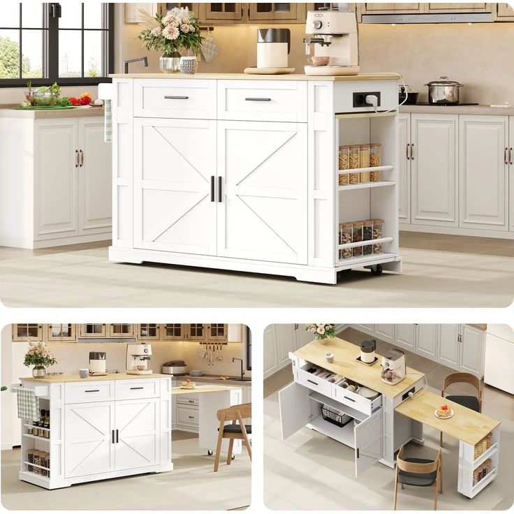 EINHOM Kücheninsel mit Ausziehbarer Arbeitsplatte, Küchenwagen 120 x 50 x 93 cm mit Steckdosenleiste, 2 Schubladen, Doppeltür-Schrank, Verstellbarem Einlegeboden, Handtuchhalter&7 Rollen, Weiß/Eiche – Bild 1