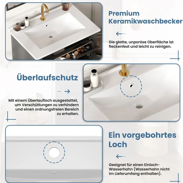 Waschtischunterschrank 61 x 47 x 86 cm mit Keramikwaschbecken und Schubladen – Hochglanzschwarz – Bild 7