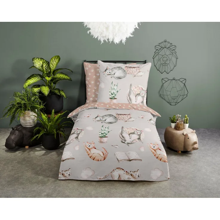 Good Morning Kinder Bettwäsche 135x200 Catlife Katzen Wende grau beige 30855