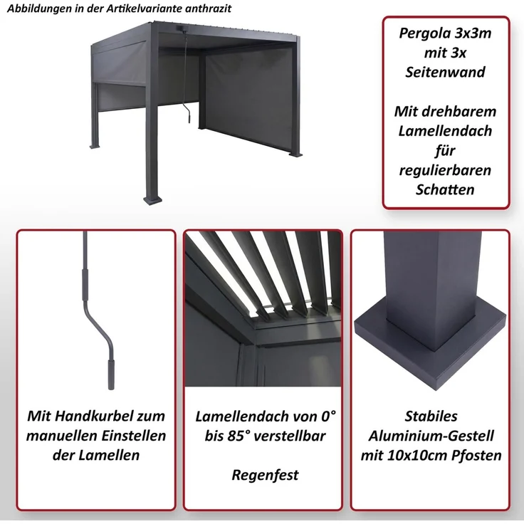 Pergola HWC-P65 mit 3x Seitenwand, Rollo Terrassenüberdachung Garten Lamellenpavillon, 10cm-Alu-Gestell 3x3m ~ weiß – Bild 2