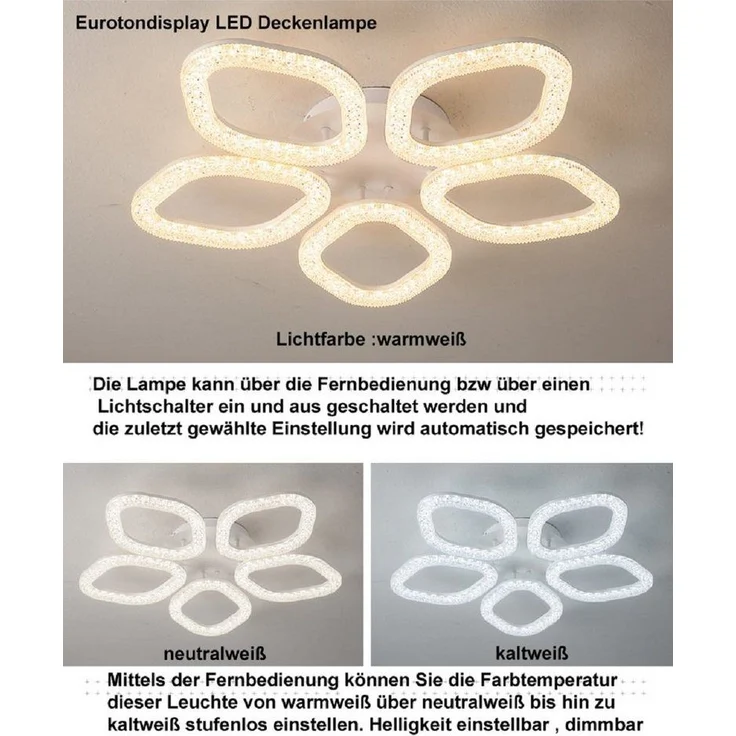 Euroton LED Deckenleuchte LED Deckenlampe XL DL Fernbedienung Lichtfarbe/Helligkeit einstellbar, LED fest integriert, mit Fernbedienung kaltweiß-neutalweiß -warmweiß, 7000k-3000k stufenlos einstellbar, mit Fernbedienung steuerbar – Bild 2
