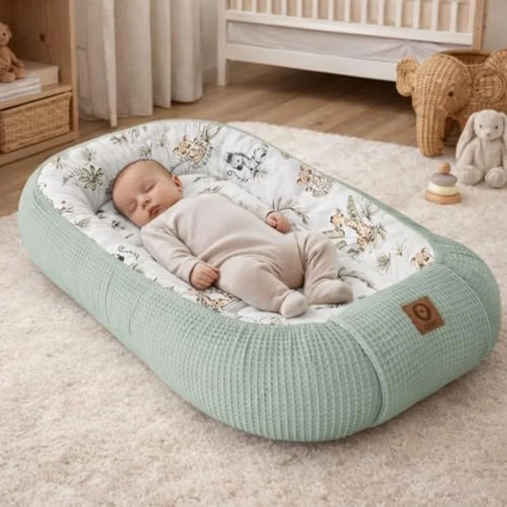 Babynestchen Neugeborene – Nestchen Baby aus Waffel Baumwolle & Baumwollstoff – Babynest für Babybett & Kinderbett – Baby Kokon Tragbar – OEKO-TEX – Zubehör für Babybett - Safari und Mint – Bild 2