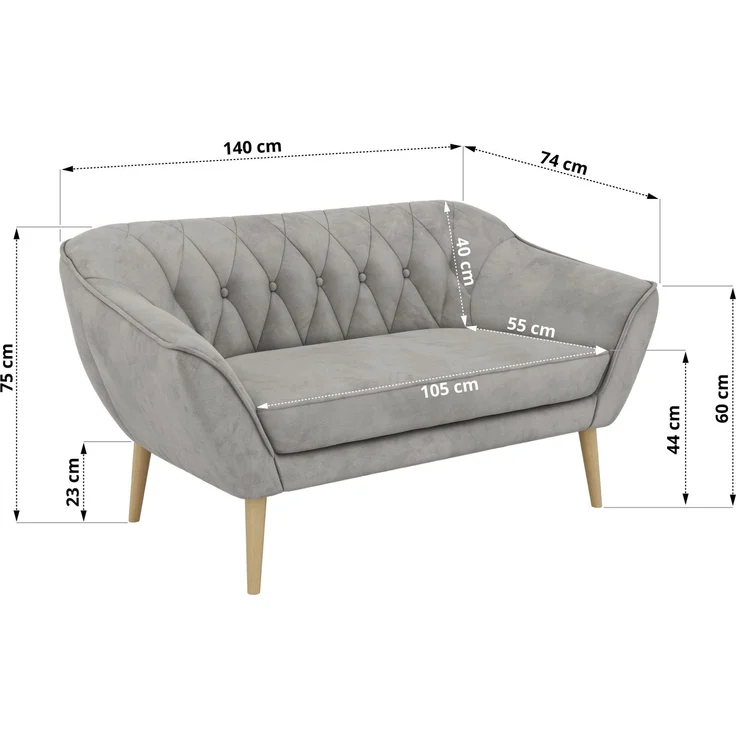 Polstersofa PIRS 2 Skandinavisches Sofa 2-Sitzer, Sofa mit Wellenfederung, Breite 140 cm, Buche Füße Hoher Sitzkomfort - Hellgrau Velvet – Bild 5