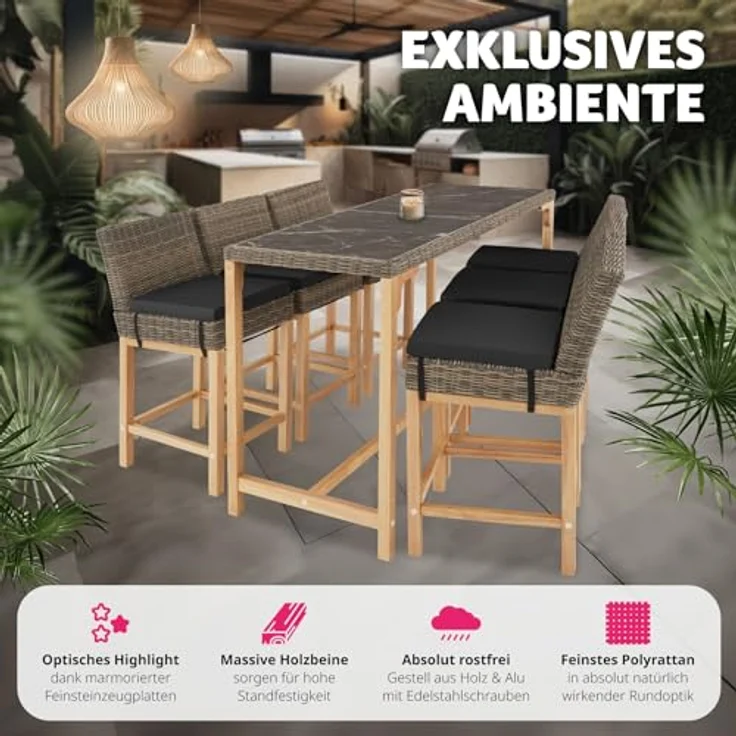 tectake Rattan-Bartisch Lovas, rechteckig, Natur, mit 2 abnehmbaren Feinsteinzeugplatten, 64.5x99.5x161 cm, Gartenmöbel – Bild 5