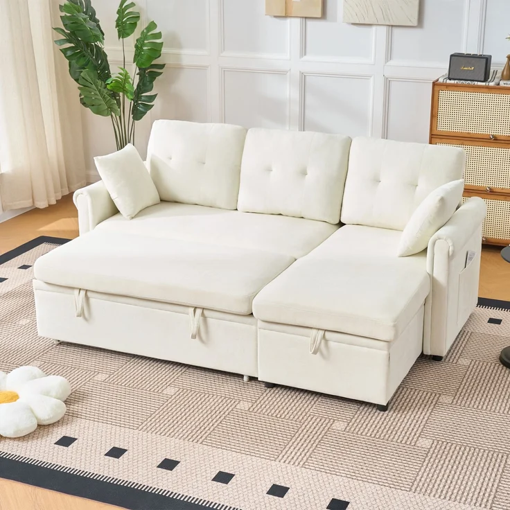 Ecksofa Schlafsofa, mit Bettkasten Schlaffunktion Stauraum beidseitig montierbar L-Form für Wohnzimmer oder Gästezimmer, Samt, Beige, — – Bild 5