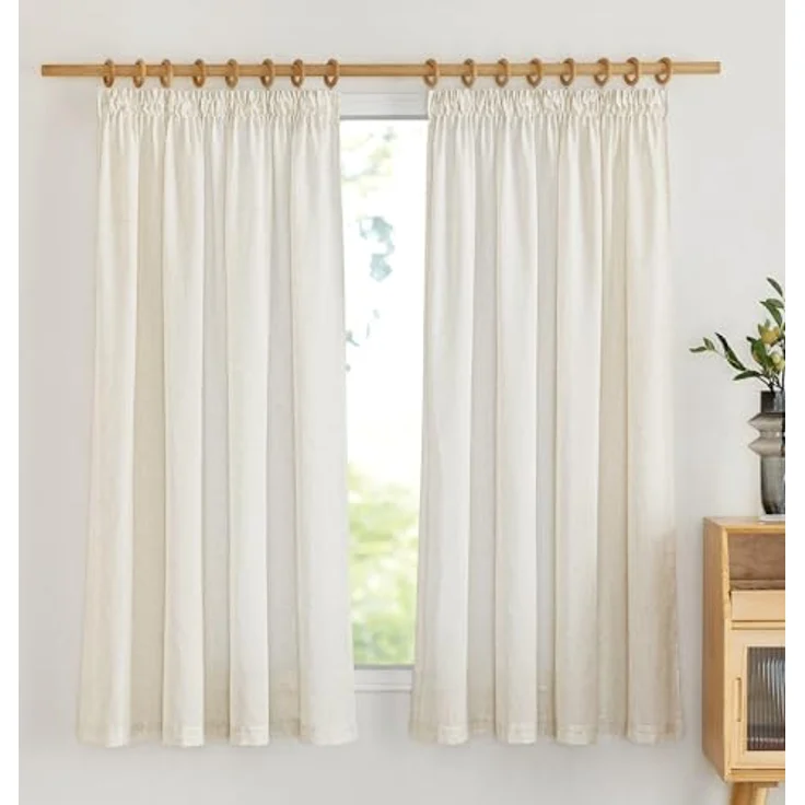 PONY DANCE Kurze Gardinen Halbtransparent Vorhang Leinen Natur H 160 x B 140 cm Leinenoptik Vorhänge mit Kräuselband 2er Set Wohnzimmer Gardinen Leinenoptik Boho Gardine Leinen Beige – Bild 2