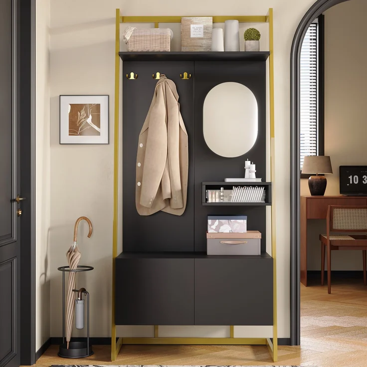 Garderobe MDF mit Spiegel, Haken & Schuhschrank, 78x38,5x180,5 cm, Schwarz – Bild 4