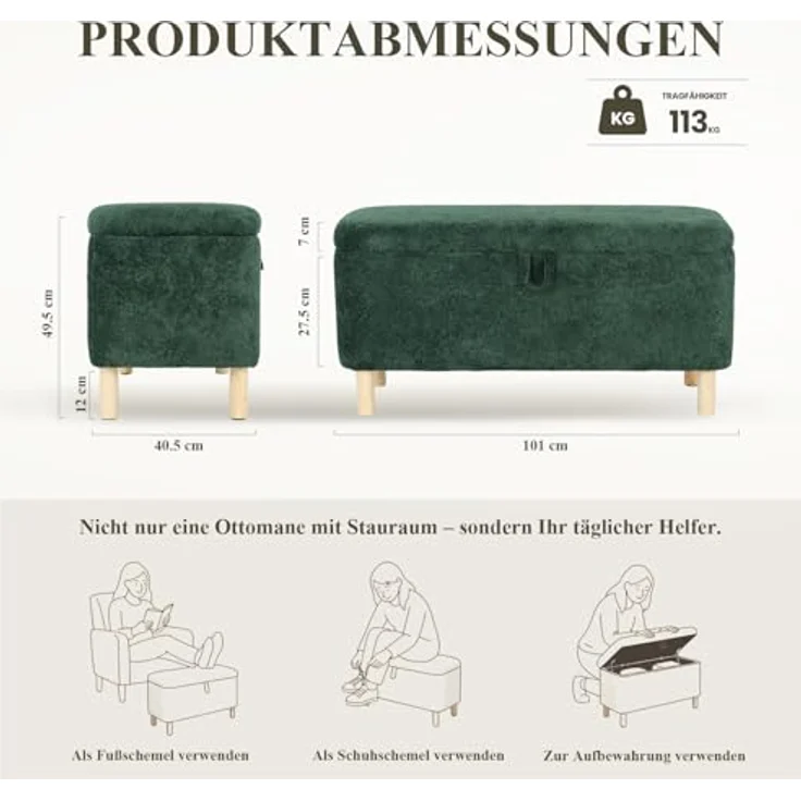 COLAMY Große Ottomane Aufbewahrungsbox für 80L, Ottomane Aufbewahrungsbank aus Holz mit rutschfesten Polstern und Klappdeckel, Fußhocker für Wohnzimmer, Schlafzimmer, Grün – Bild 4