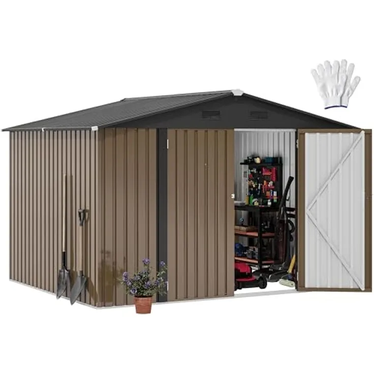 DWVO Großes Metall Gerätehaus 3x2,4 m, Stabiler Werkzeugschuppen für Garten, Terrasse & Hof, Ideal für Fahrräder, Gartengeräte & Rasenmäher, Wetterfest & Abschließbar, Braun