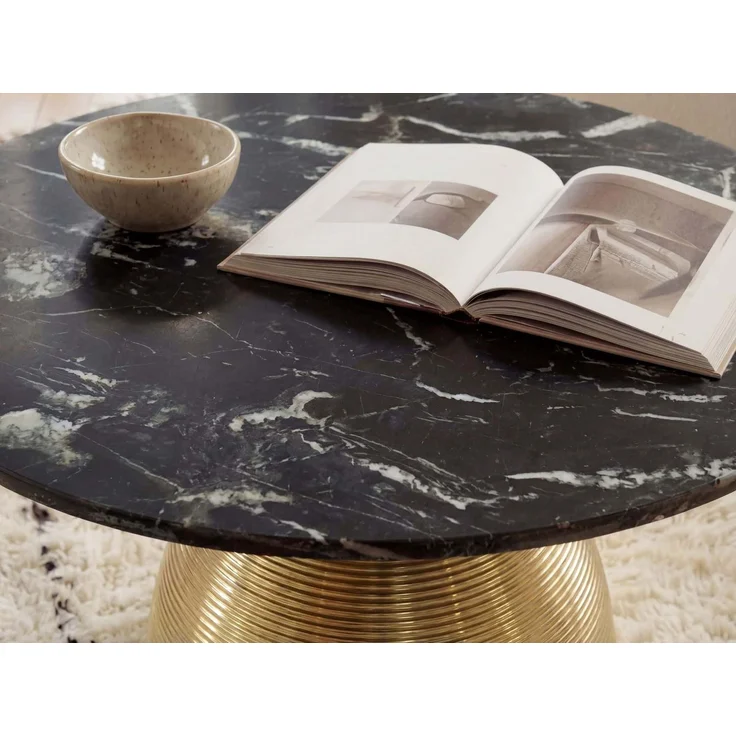 Couchtisch Metall mit schwarzer Marmor Tischplatte 60cm Rund - Moderner Wohnzimmertisch Aluminium Gold - Design Sofatisch Alu - Loungetisch Rillenoptik - Edler Beistelltisch Handmade – Bild 5