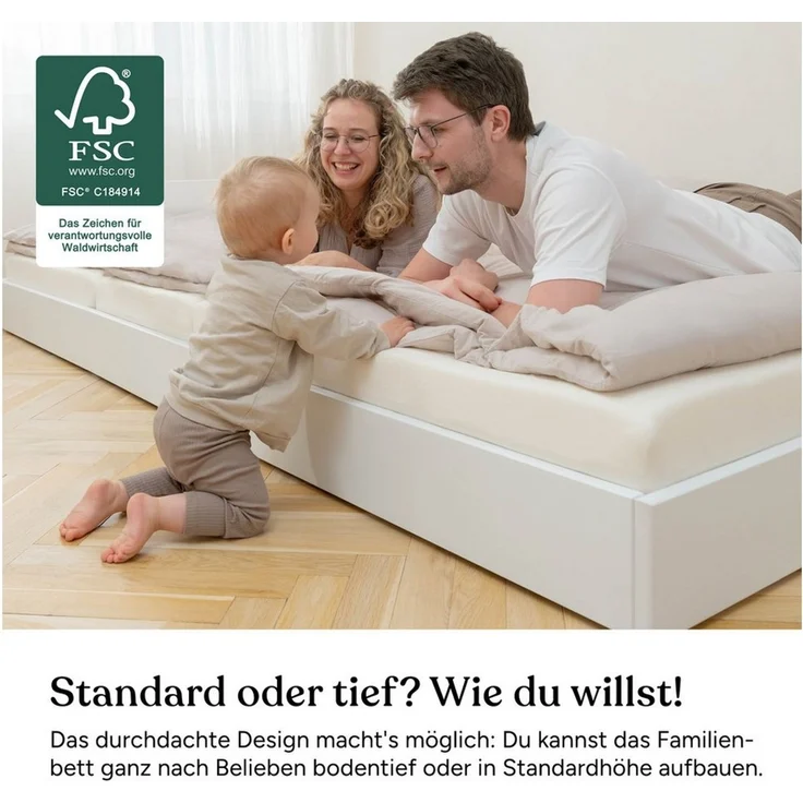 Ehrenkind Holzbett Plano, Modulares Familienbett, FSC® Zertifiziert (Familienbett, 360x200 cm, aus massivem Kiefernholz, weiß lackiert, modular erweiterbar mit Zubehör und weiteren Plano Betten), 2‑in‑1 Höhe (Bodenbett oder Standard) – Bild 4