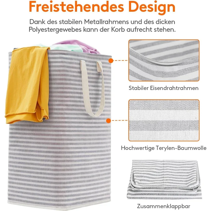 Lifewit 75L Groß Wäschekorb Organizer mit erweitertem Griff, Faltbarer Wäschesammler Wäschebox Aufbewahrungskorb, Tragbar Wäschesortierer für Wäsche, Kleidung, Decken, Kissen, Wäschekörbe, Grau – Bild 2