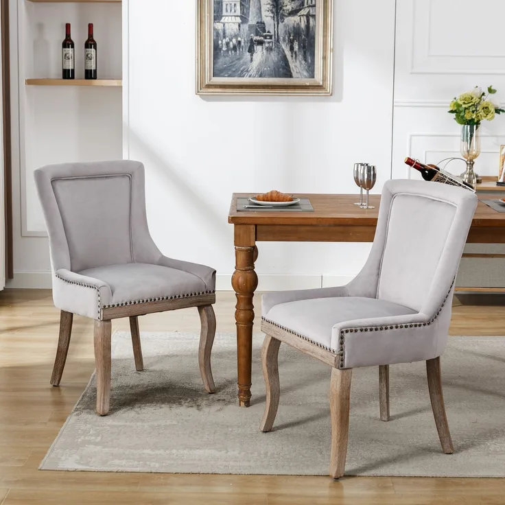 2er Set Grau Esszimmerstuhl mit Massivholzrahmen, gepolsterter Sitz & geschwungener Rückenlehne, komfortabler Designstuhl für Zuhause