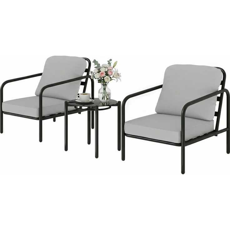 3-teiliges Bistro-Set aus Stahl mit 2 Stühlen mit dicken Kissen, 77.0×63.0×76.0cm, Schwarz grau, MELAYR – Bild 2