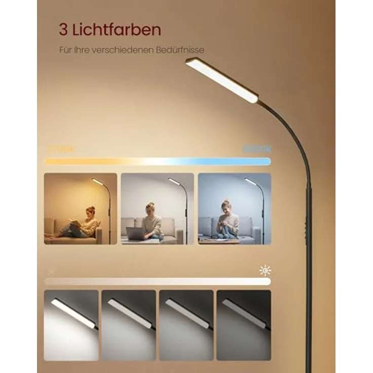 VASAGLE Stehlampe, Stehleuchte, Leselampe, 15 Watt, 141-175 cm höhenverstellbar, 360° drehbarer Schwanenhals, Timer- und Memory-Funktion, Fernbedienung, für Wohnzimmer, Mattschwarz LFL007BD02 – Bild 5
