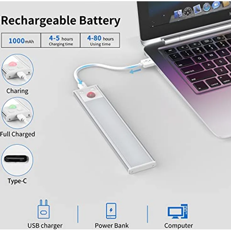 Schrankbeleuchtung LED mit Bewegungsmelder 20.5CM Unterbauleuchte Küche Stufenlose Dimmbar Unterbauleiste Led Leiste 1000mAh Aufladbar Nachtlicht für Küche Treppe Spiegelschrank Bücherregal 3 Stück – Bild 5