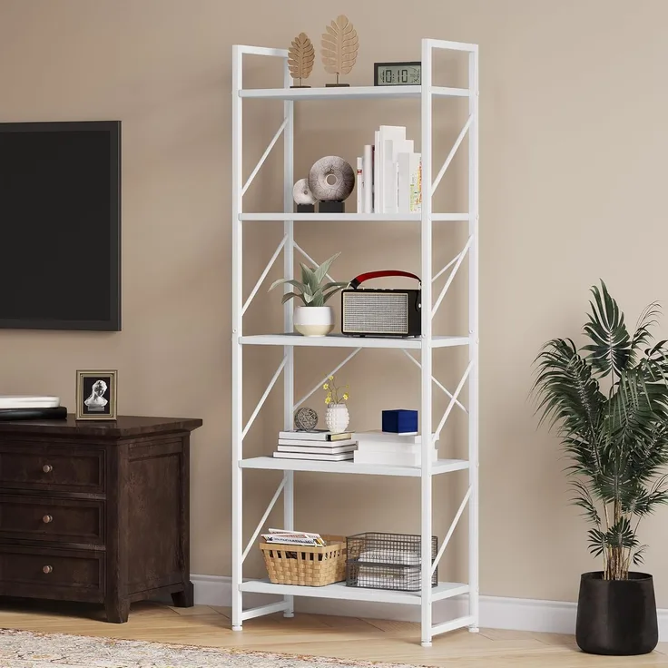 YITAHOME Bücherregal mit 5 Ebenen, freistehendes Bücherregal, Holzregal und Metallrahmen, Aufbewahrungsregal für Wohnzimmer, Heimbüro – reines Weiß