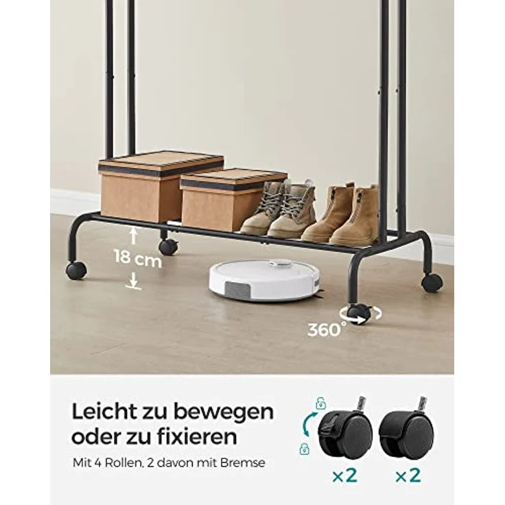 SONGMICS Kleiderständer auf Rollen, 2 Kleiderstangen, Garderobenstange, Garderobenständer aus Stahlrohren, bis 100 kg belastbar, 103,5 cm breit, multifunktionale Aufbewahrung, schwarz HSR107B01 – Bild 7