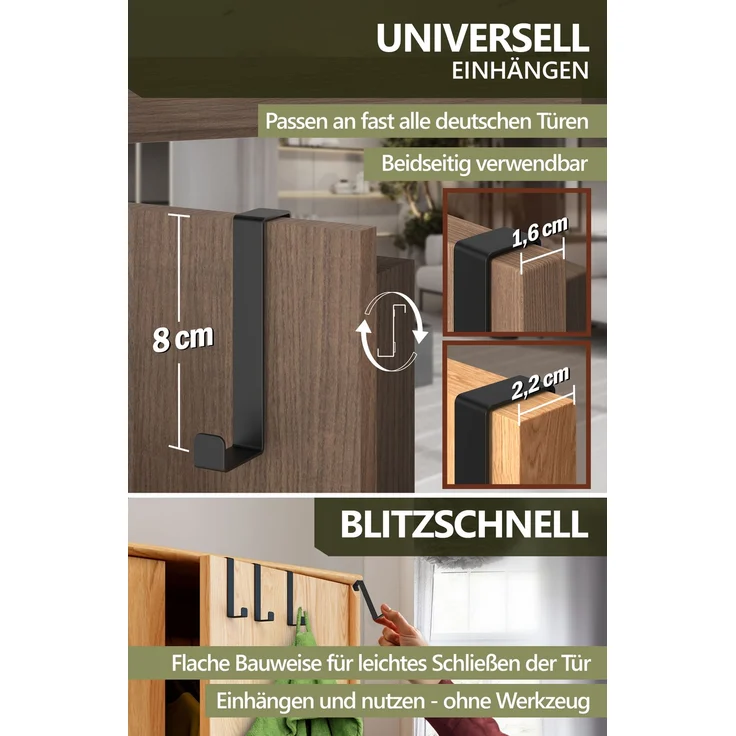 Aurelia Home Türhaken zum Einhängen, 4er-Set, Schwarz – für Türen und Schranktüren, bis 8 kg – Bild 4