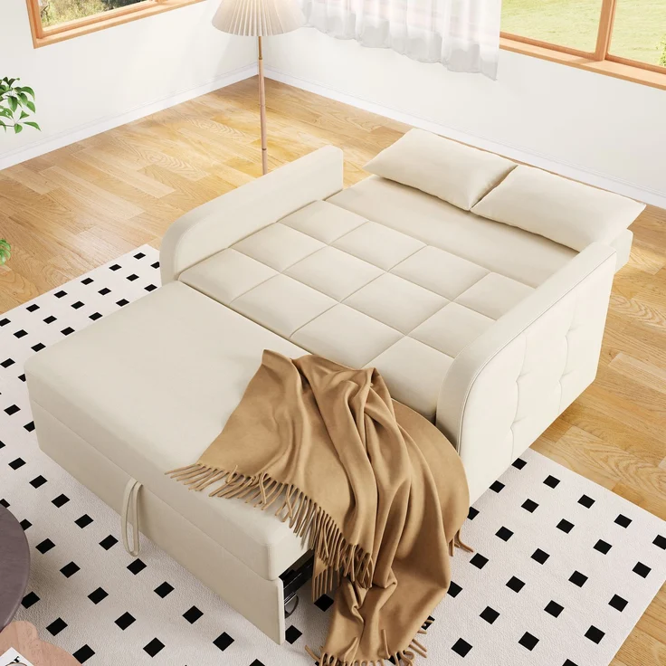 Klappsofa Schlafsofa ausziehbar Baumwoll-Leinen verstellbare Rückenlehne Gästebett Multifunktion Sofa-Bett,Beige – Bild 2