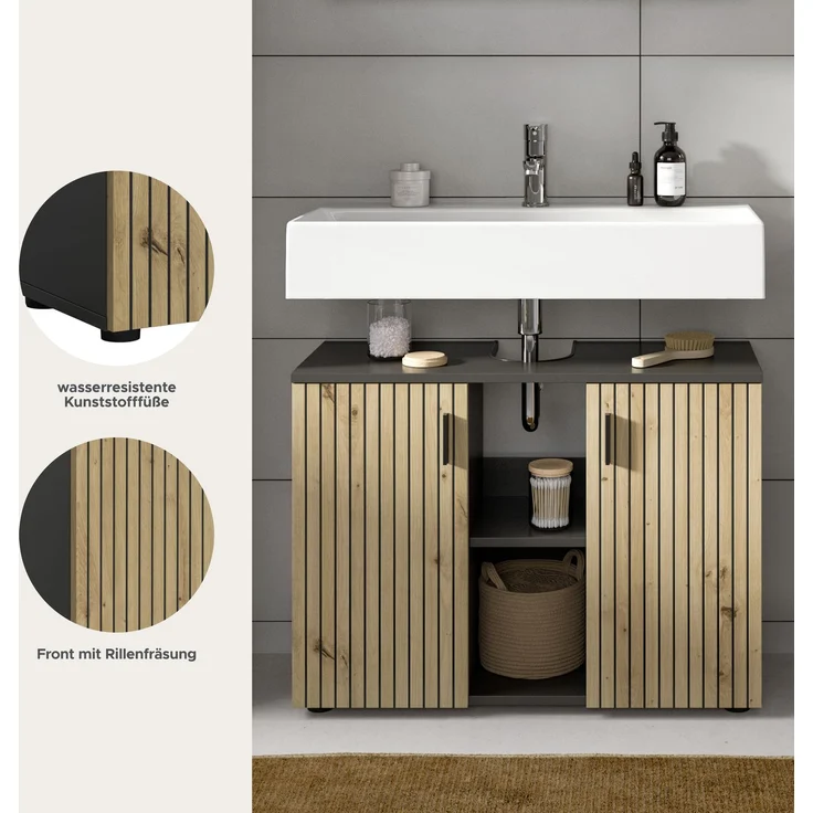 Waschbeckenunterschrank B/H/T: 80x59x30 cm in Basalt Nachbildung und -- – Bild 8