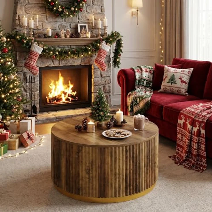 LITTLE TREE Runder Couchtisch, Gerilltes Holz mit Goldenem Metallsockel, 80 cm Durchmesser, Rustikales Braun, Massivholz, Mid-Century Modern für Wohnzimmer – Bild 7