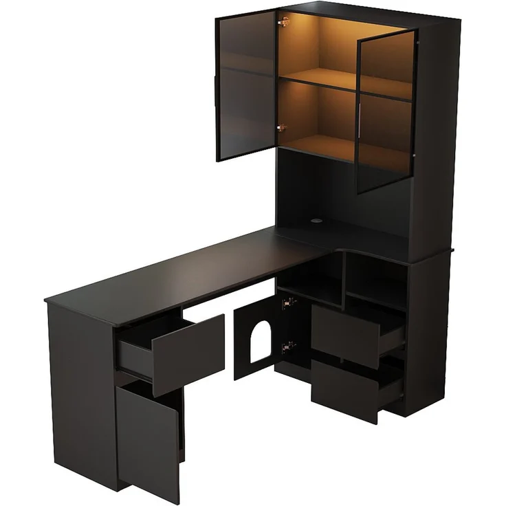 Flieks Eckschreibtisch mit LED-Vitrine & Regal 120×80×180 cm, Computertisch mit 3 Schubladen, 2 Türen, Haustierfach, Rechte Ecke, Schwarz – Bild 7