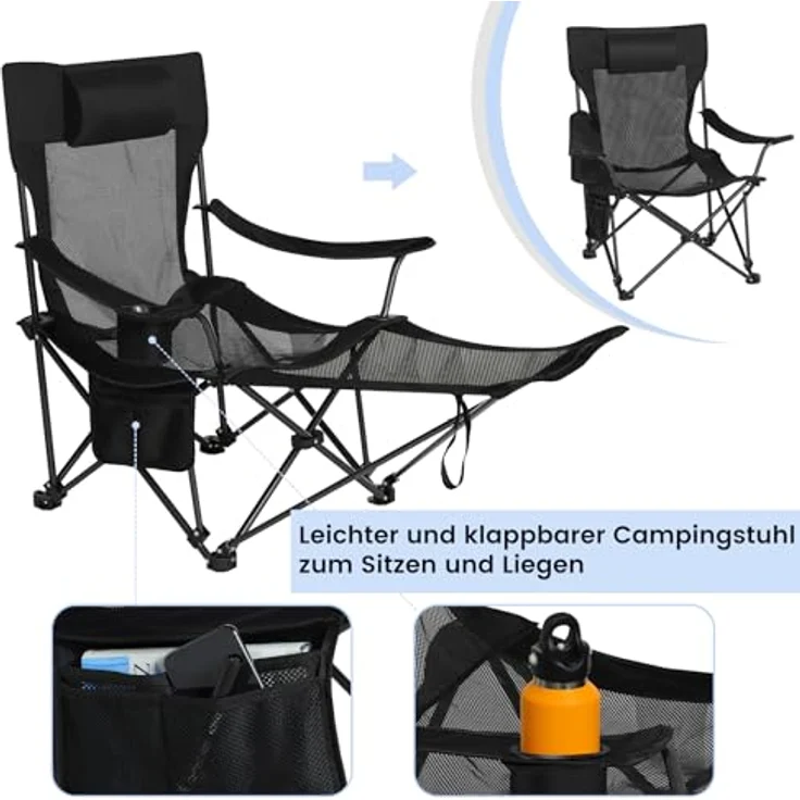 eSituro Campingstuhl klappbar, Angelstuhl faltbar, Klappstuhl mit Abnehmbarer Fußablage Getränkehalter Tragetasche, Strandstuhl mit Verstellbarer Rückenlehne, Campingliege Schwarz – Bild 7