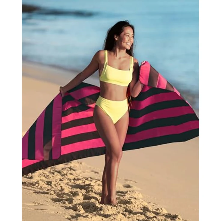 Fit-Flip Strandtuch XXL Mikrofaser, leicht und schnelltrocknend, 100% recyceltes Strandhandtuch, Pink-Dunkelgrau gestreift, 200x90cm – Bild 3