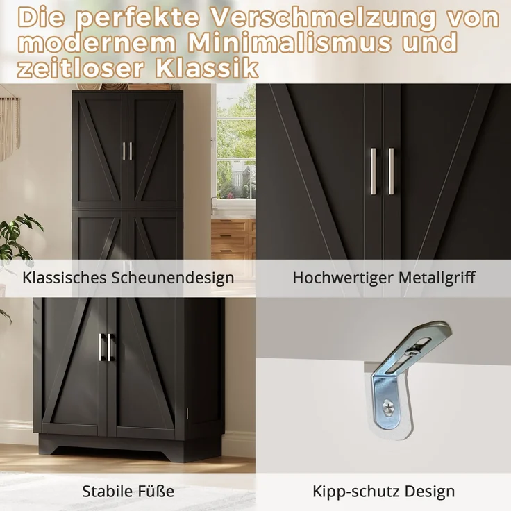 Küchenschrank, hoher Stauraumschrank mit 4 Scheunentor-Türen, Vorratsschrank mit Weinregal und Türregal, Aufbewahrungsschrank für Wohnzimmer und Esszimmer, 80 × 40× 180 cm – Bild 8
