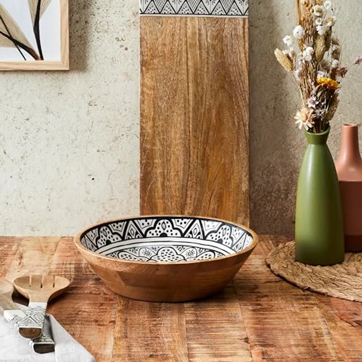 HOME DECO FACTORY, KA0568, Black Dune Mango Wood Salad Bowl, modern and elegant Design, ideal for Salads, Fruits and Decorations, Easy to Maintain, Diameter 28 cm, Brown, White, Black Color – Bild 5